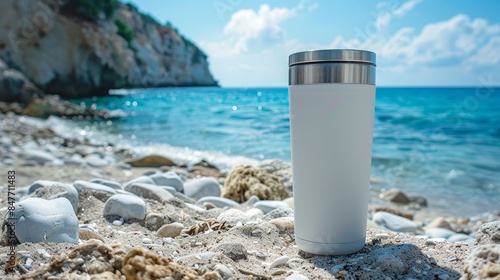 Stainless steel white tumbler, sublimation blank, beach setting, blue sea and sky, detailed product shot, advertising focus