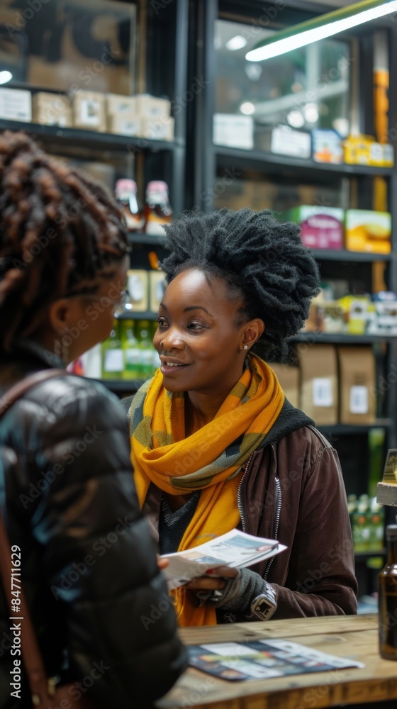 Two women are talking to each other in a grocery store Two women are talking to each other in a grocery store