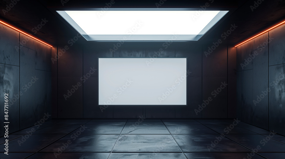 Modern dark room with orange lighting featuring a large blank white poster on the wall. Interior design concept. Generative AI Modern dark room with orange lighting featuring a large blank white poster on the wall. Interior design concept. Generative AI