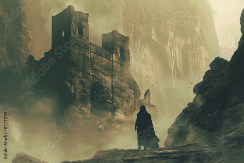 Image by stock AI of a witcher looking at a castle in a fantasy landscape photo