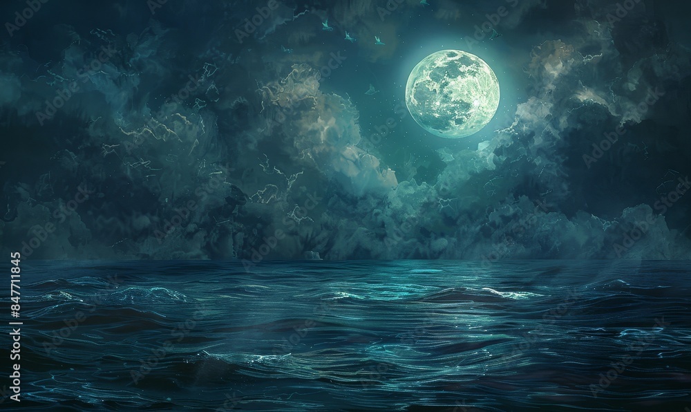 Panorama with full moon over sea at night with romantic and scenic elements Panorama with full moon over sea at night with romantic and scenic elements