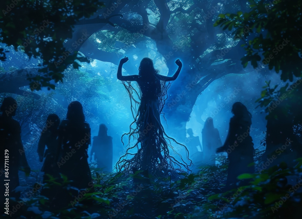 Fantasy woman's tree spirit wanders dark magic forest. Girl tree takes root near mighty oak, gothic blue image, spells, fashion model. Creative dress costume. Toned colors. Fantasy woman's tree spirit wanders dark magic forest. Girl tree takes root near mighty oak, gothic blue image, spells, fashion model. Creative dress costume. Toned colors.