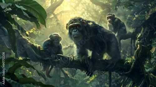 Troop of Curious Primates Exploring Lush Tropical Jungle Canopy