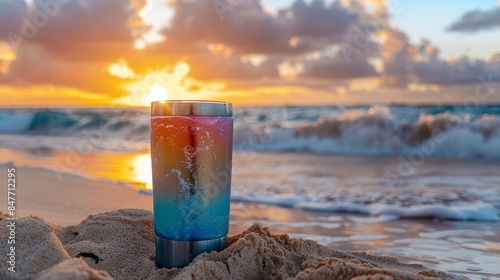 Sublimation blank tumbler, stainless steel, beach setting, sand and waves, product focus, vibrant colors photo