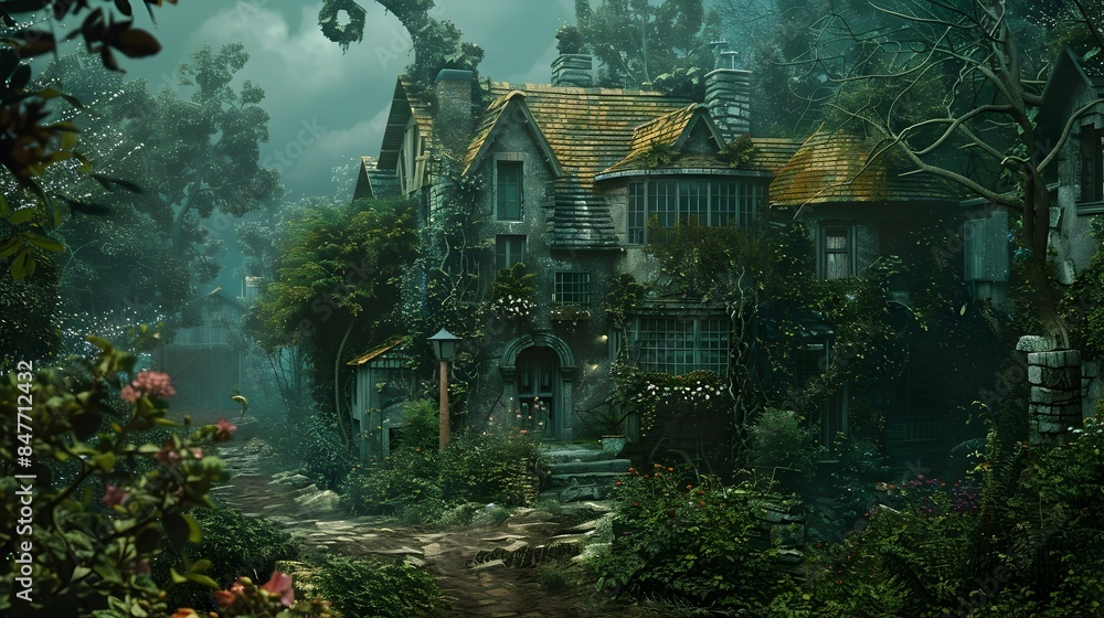 Fototapeta premium Enchanting Storybook Cottage Nestled in Mysterious Overgrown Forest Landscape