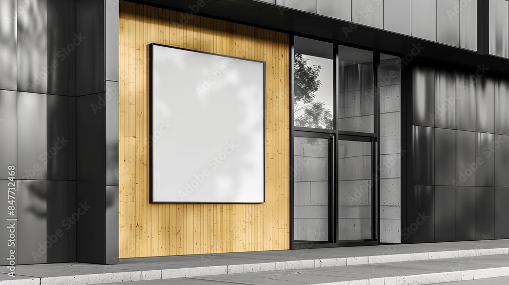 Blank vertical billboard on a modern building facade with glass and wooden elements, light design concept. Generative AI Blank vertical billboard on a modern building facade with glass and wooden elements, light design concept. Generative AI