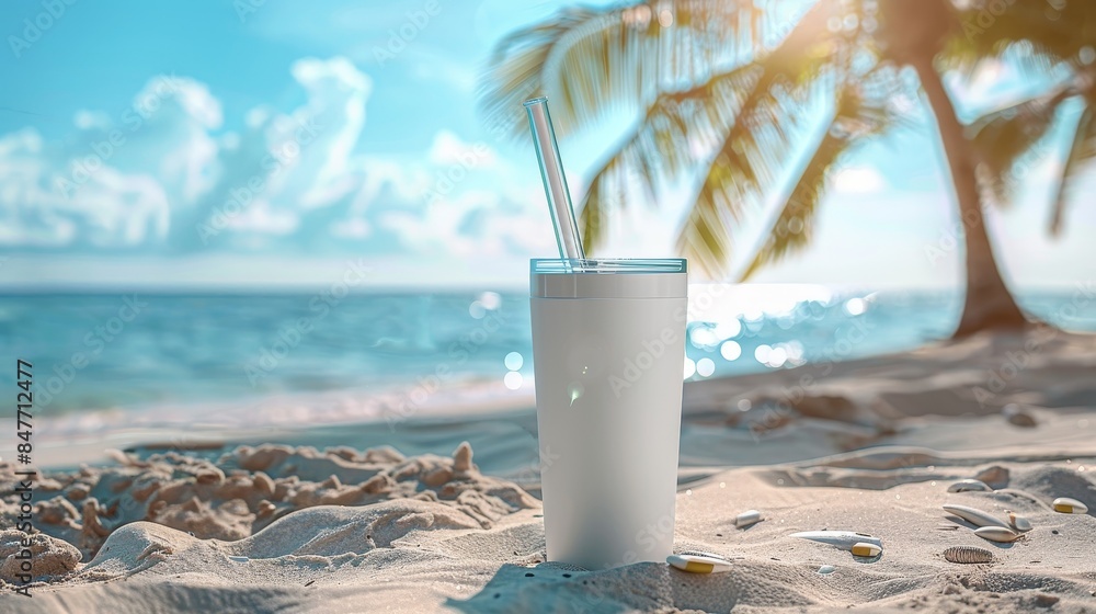 Sublimation blank white tumbler with straw, beach background, metal and plastic cup, palm trees, product showcase