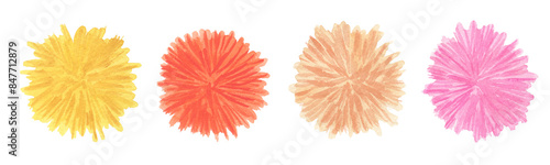 Watercolor set of cute Pom Poms. Red, orange, yellow and pink hairy balls pompons. Trend colors for holidays and party. Hand drawn illustration isolated on transparent.
