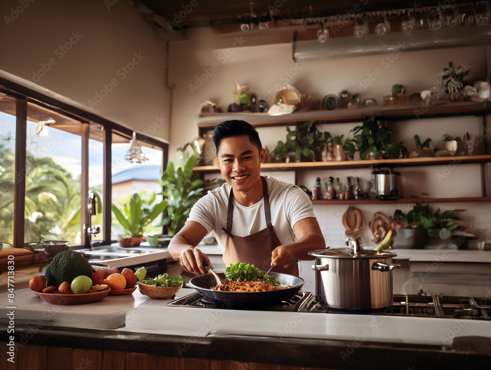 Young man cooking in the kitchen Young man cooking in the kitchen