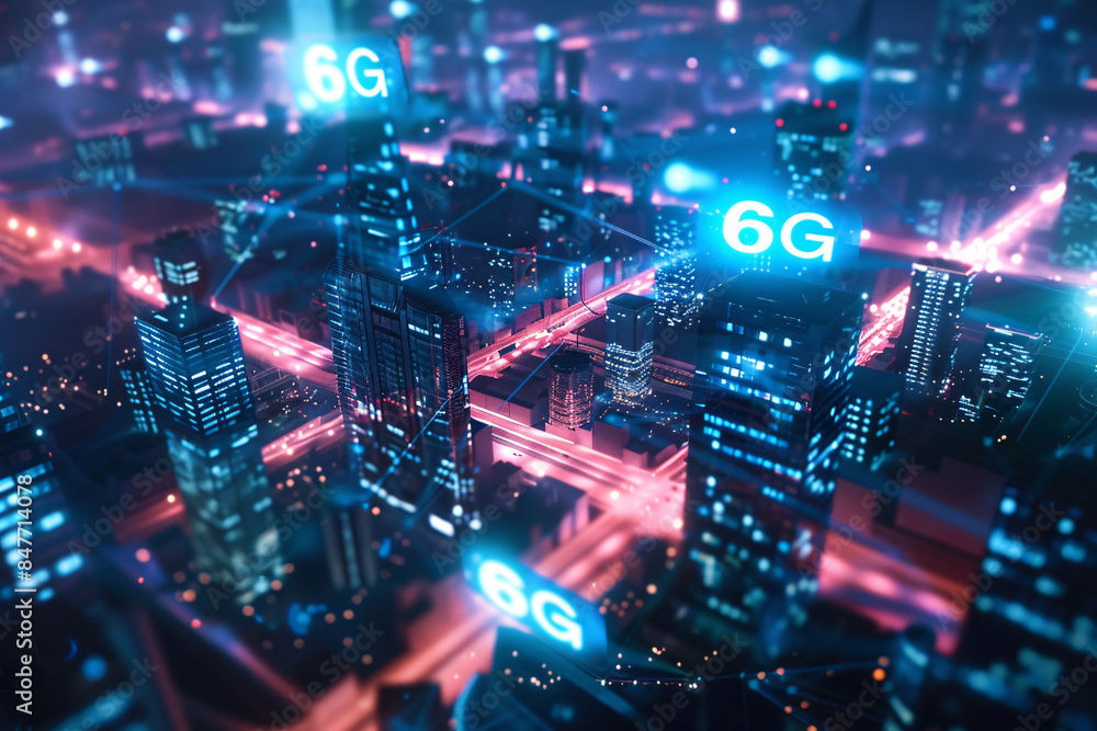 Futuristic cityscape with 6G network connectivity, showcasing advanced telecommunications in an urban environment at night Futuristic cityscape with 6G network connectivity, showcasing advanced telecommunications in an urban environment at night