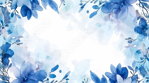 Serene blue floral watercolor frame with central white text area, isolated on a white background  photo