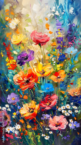 Oil painting flowers on canvas. Colorful floral background Oil color painting. Generative AI.