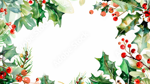 Winter berries and holly in festive shades of red and green, watercolor frame with white empty space for text in the center isolated on a white background  photo
