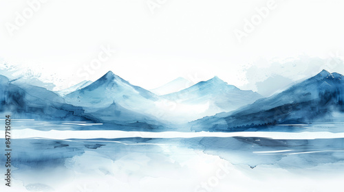 Wallpaper Mural Winter landscape with frozen lake and distant mountains in cool shades of blue and white, watercolor frame with white empty space for text in the center isolated on a white background  Torontodigital.ca