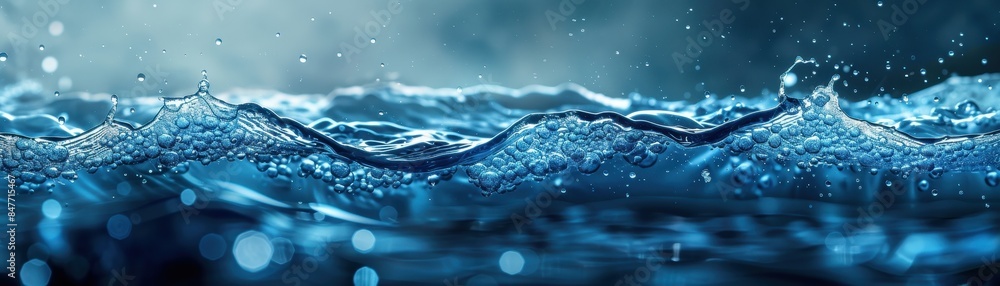 Abstract Water Ripples, A Symphony of Blue, with Crystallized Bubbles and Delicate Water Droplets Dancing in the Air