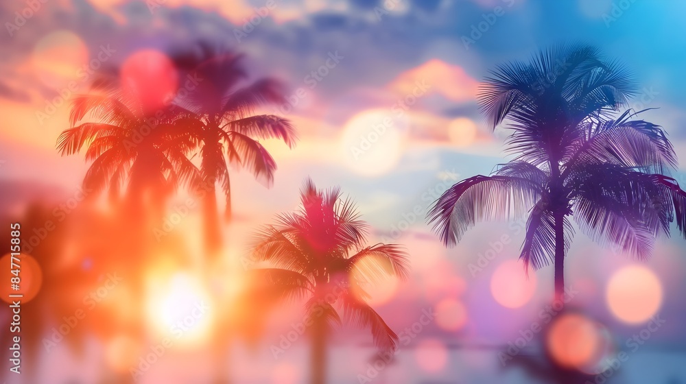 Blurred Tropical Sunset with Silhouetted Palm Trees Against Colorful Sky Blurred Tropical Sunset with Silhouetted Palm Trees Against Colorful Sky