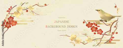梅, 梅の花, 花, 水彩, 年賀状, ベクター, 鶯, 手描き, 背景, フレーム, お正月, 和, 和風, 植物, 金色, 金, 金箔, イラスト