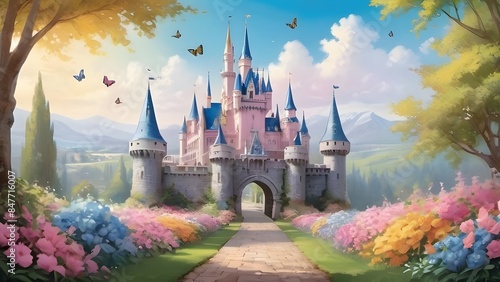 A breathtaking scene featuring a majestic castle towering over a vibrant garden of pastel flowers