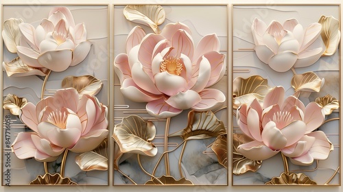 Triptych wall panel of pink flowers with golden leaves. 3d rendering