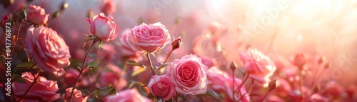 Romantic scene of blooming pink roses with a dreamy, softfocus background, capturing the essence of love and beauty