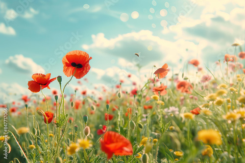 beautiful summer meadow with wild flowers poppies and bee on background. summer landscape  nature scene