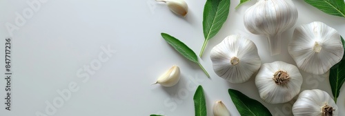 Isolated garlic bulb and leaves on white backgroundoverhead view in flat lay style photo