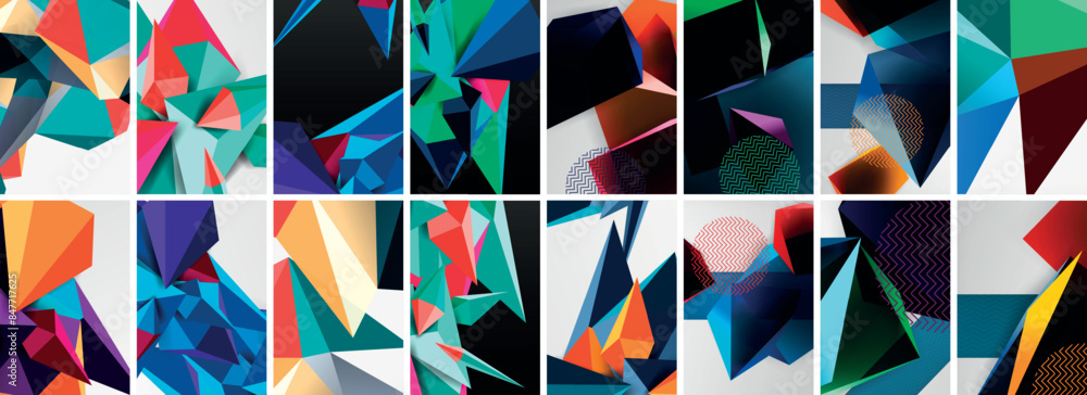 Set of low poly triangles poster geometric backgrounds. Vector Illustration For Wallpaper, Banner, Background, Card, Book Illustration, landing page Set of low poly triangles poster geometric backgrounds. Vector Illustration For Wallpaper, Banner, Background, Card, Book Illustration, landing page