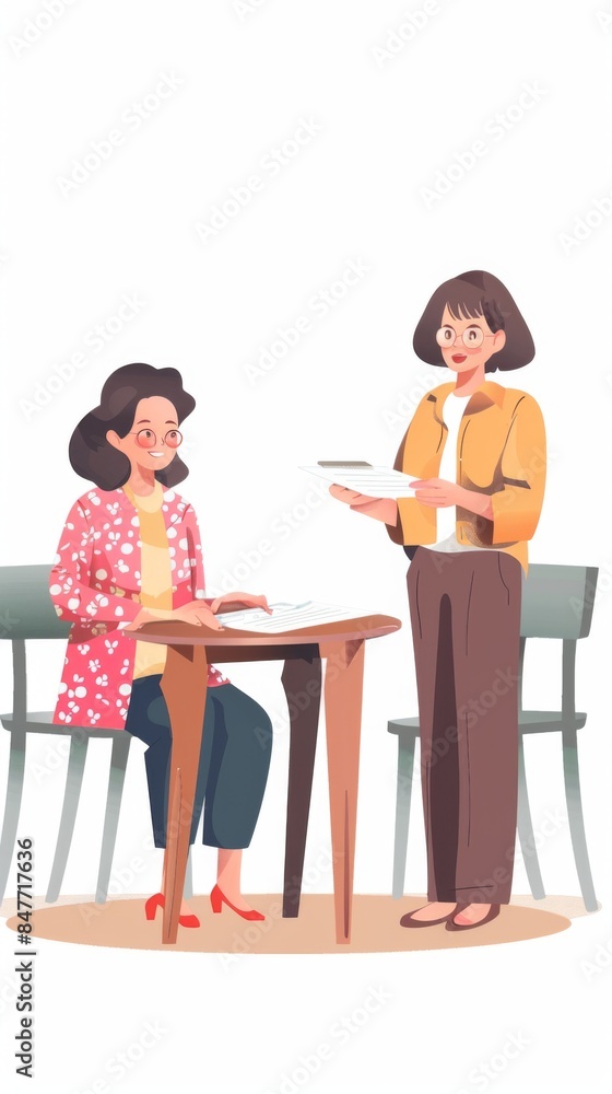 Two women are sitting at a table, discussing documents Two women are sitting at a table, discussing documents
