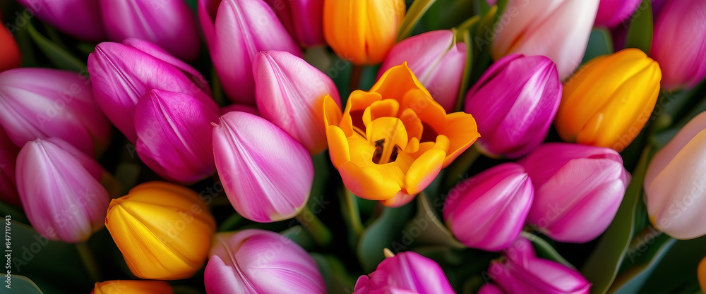 Colorful tulip flowers bouquet as a background, top view Colorful tulip flowers bouquet as a background, top view