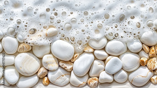 Tranquil beach scene  clear water and white pebbles for a serene and relaxing background © Maksym