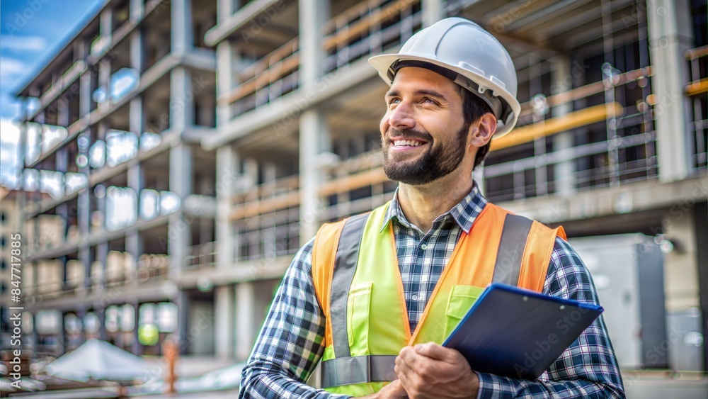 Labor safety engineer at a construction site, he is 30 years old, no beard, copy space Labor safety engineer at a construction site, he is 30 years old, no beard, copy space