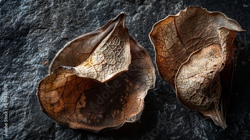 Organic shapes of dried seed pods, close-up view on a black stone background, textured details highlighted by contrasting backdrop photo