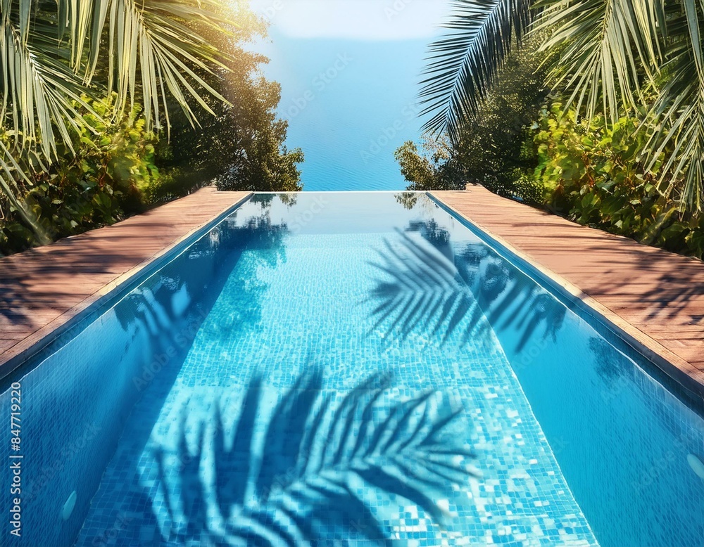 Fototapeta premium summer tropical background. swimming pool with tropical leaf shadow