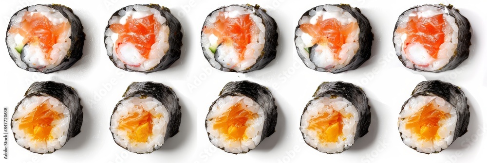 Sushi Rolls Set with Salmon, Shrimps, Cucumber and Philadelphia Cream Cheese Isolated on White Sushi Rolls Set with Salmon, Shrimps, Cucumber and Philadelphia Cream Cheese Isolated on White
