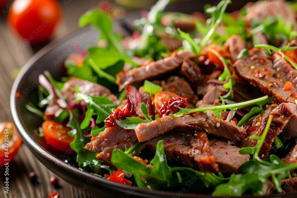 Roast beef salad, sunday roast, tomatoes, greens. Veal meet, vegetables, roasted spicy bone marrow Roast beef salad, sunday roast, tomatoes, greens. Veal meet, vegetables, roasted spicy bone marrow