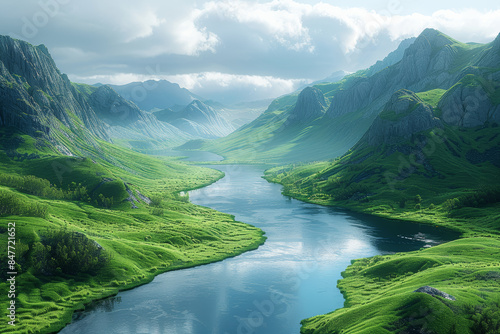 A tranquil river meandering through a green valley. Concept of natural pathways and serene environments. Generative Ai. © Sebastian
