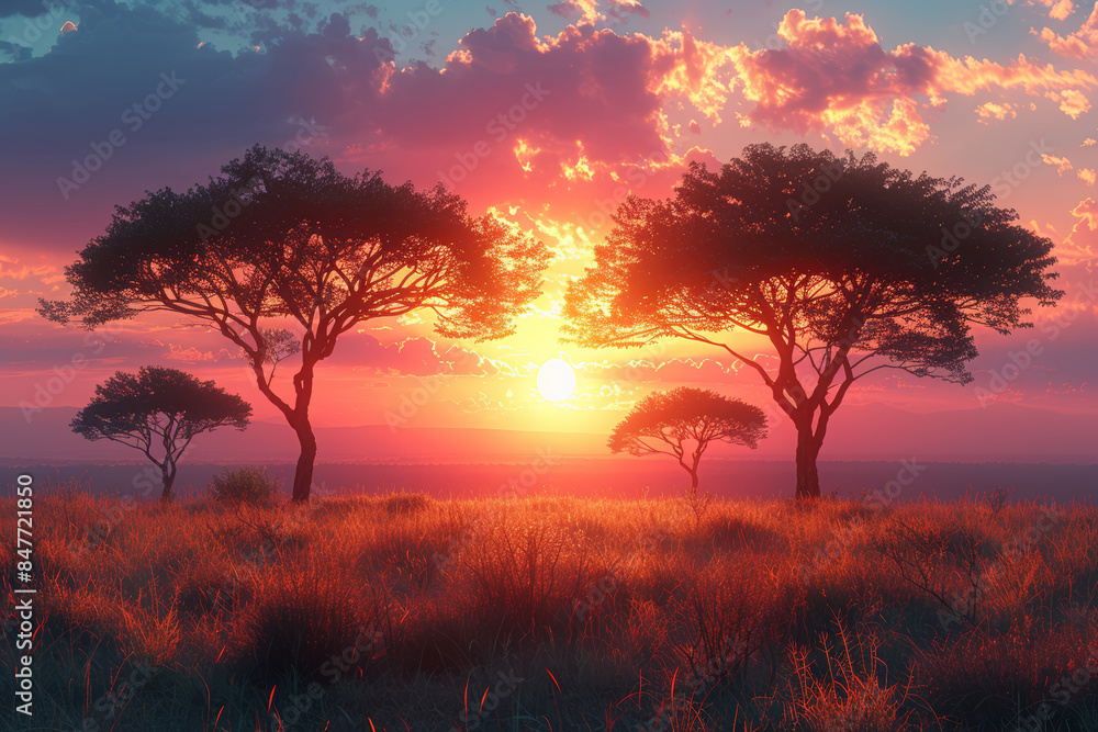 A savanna landscape with acacia trees silhouetted against the sunset. Concept of African landscapes and sunsets. Generative Ai. A savanna landscape with acacia trees silhouetted against the sunset. Concept of African landscapes and sunsets. Generative Ai.