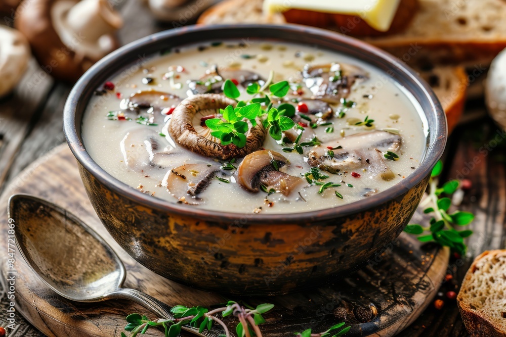 Mushroom Cream Soup, Creamy Soup Made of Champignons, Boletus or Ceps with Rye Bread Toasts Mushroom Cream Soup, Creamy Soup Made of Champignons, Boletus or Ceps with Rye Bread Toasts
