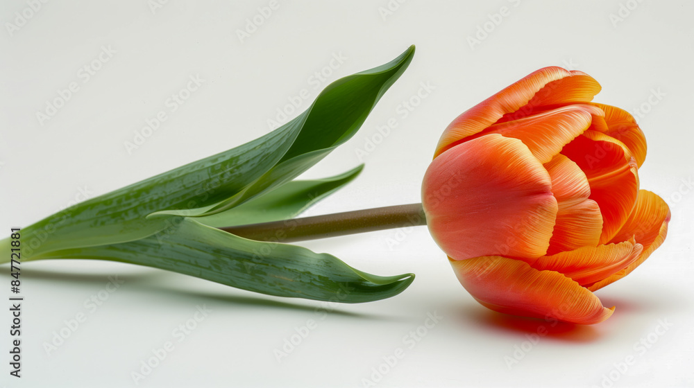 Close-up of a vibrant orange tulip with green leaves against a soft white background. Close-up of a vibrant orange tulip with green leaves against a soft white background.
