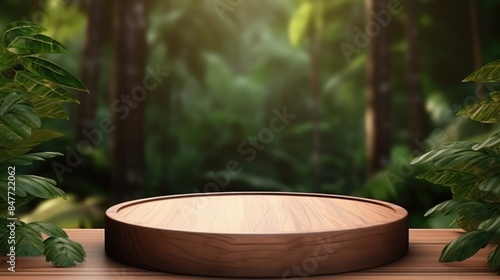 Circle wood podium in tropical forest for product