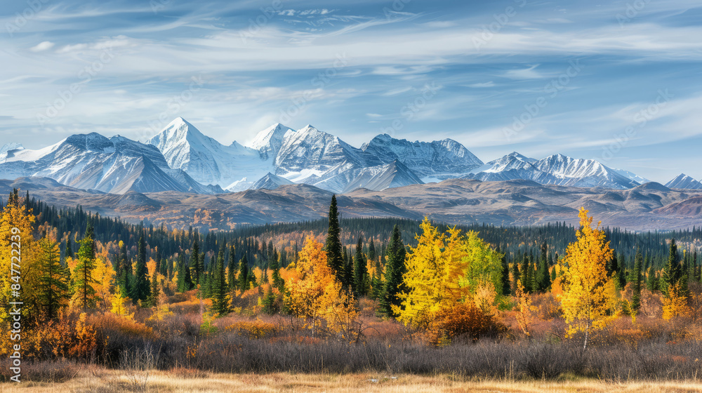 Scenic view of Mt. Denali and Alaskan mountain range in autumn Scenic view of Mt. Denali and Alaskan mountain range in autumn