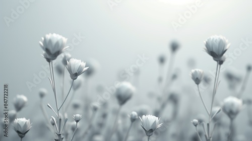 Delicate white flowers blooming against a soft gray background, creating a minimalist and ethereal atmosphere. The image highlights the elegance of the flowers with a cool color tone                  