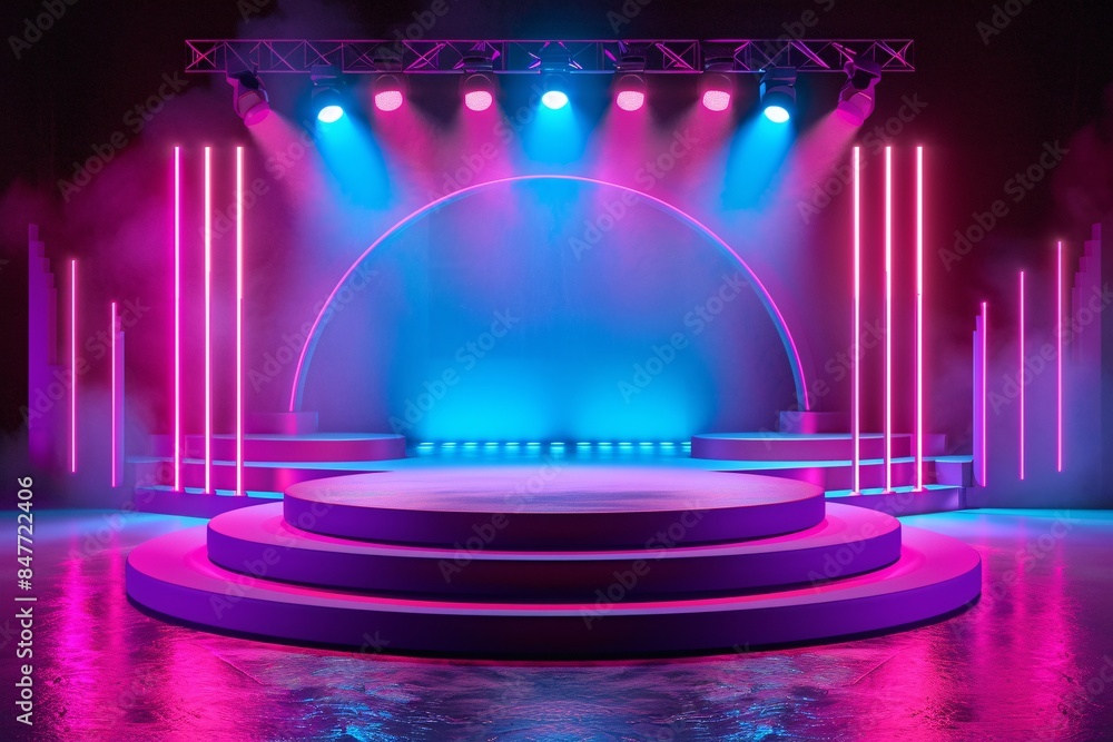 Spotlight and neon-lit round podium awaits the show