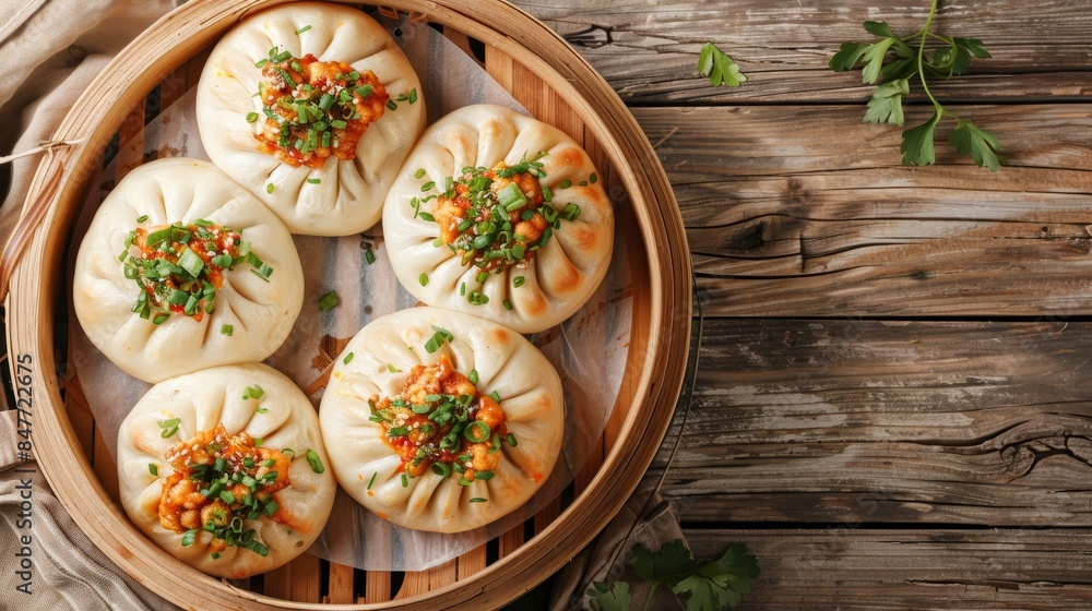 Steamed bao buns, stuffed and delicious, top view on a wooden table, with clear space for text, appetizing and clean design Steamed bao buns, stuffed and delicious, top view on a wooden table, with clear space for text, appetizing and clean design