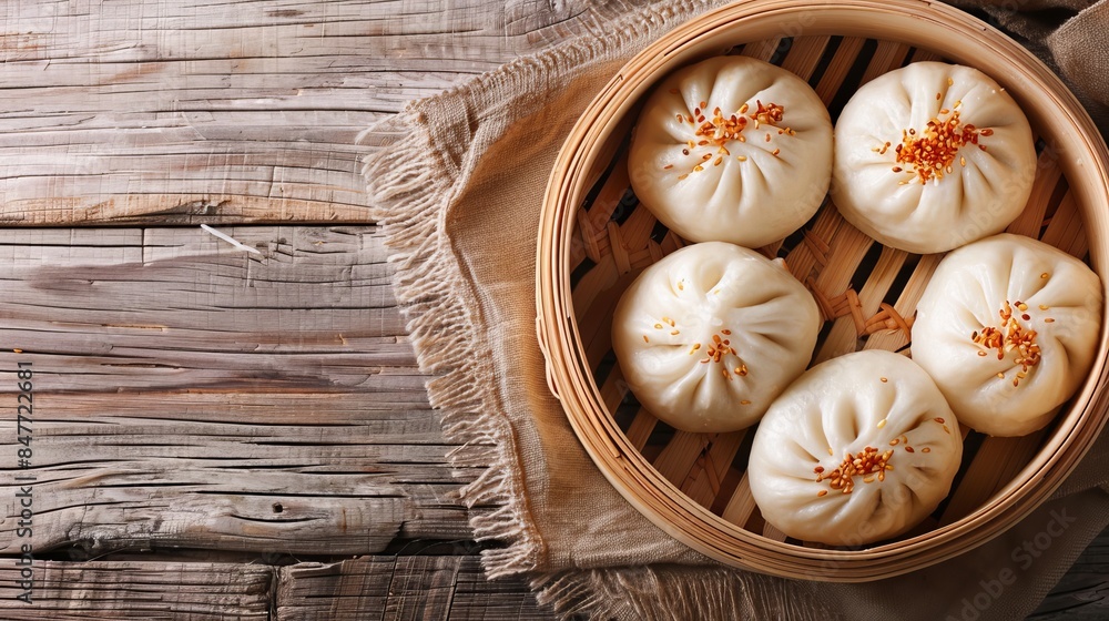 Steamed bao buns, stuffed and delicious, top view on a wooden table, with clear space for text, appetizing and clean design Steamed bao buns, stuffed and delicious, top view on a wooden table, with clear space for text, appetizing and clean design