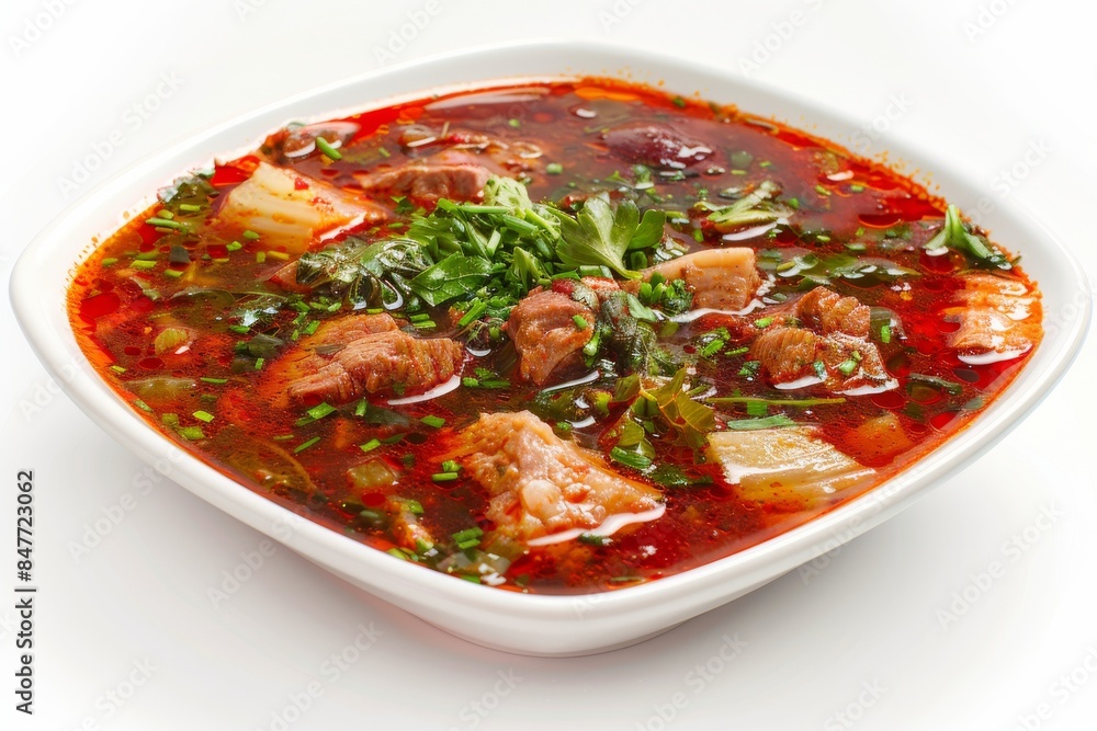 Traditional Ukrainian Borscht, Borsch with Thin Slices of Salted Lard on Black Bread, Sour Cream Traditional Ukrainian Borscht, Borsch with Thin Slices of Salted Lard on Black Bread, Sour Cream