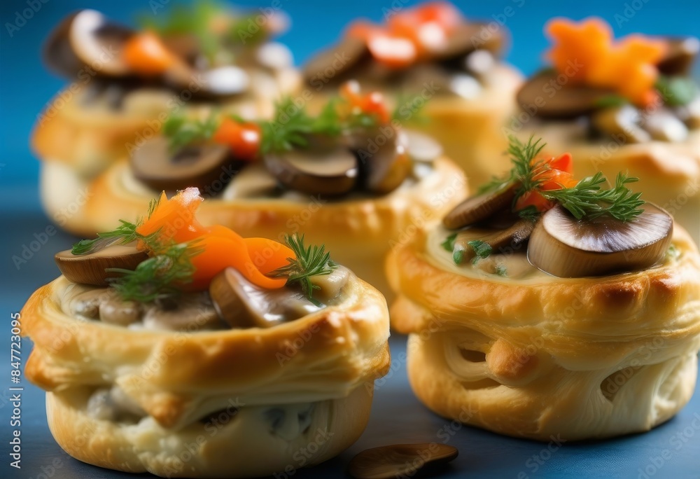 A close-up of a vol au vent filled with mushrooms and herbs on a blue background A close-up of a vol au vent filled with mushrooms and herbs on a blue background