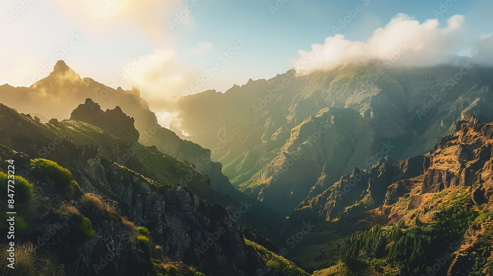 Beautiful peaks of Madeira, Portugal at sunset with mist and clouds Beautiful peaks of Madeira, Portugal at sunset with mist and clouds