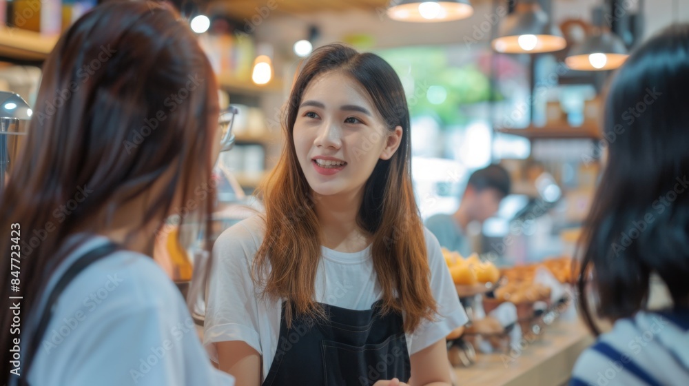 Young woman talking to customer at the counter Young woman talking to customer at the counter