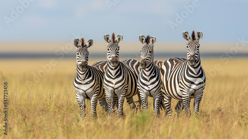 Group of zebras standing in grassy African savanna